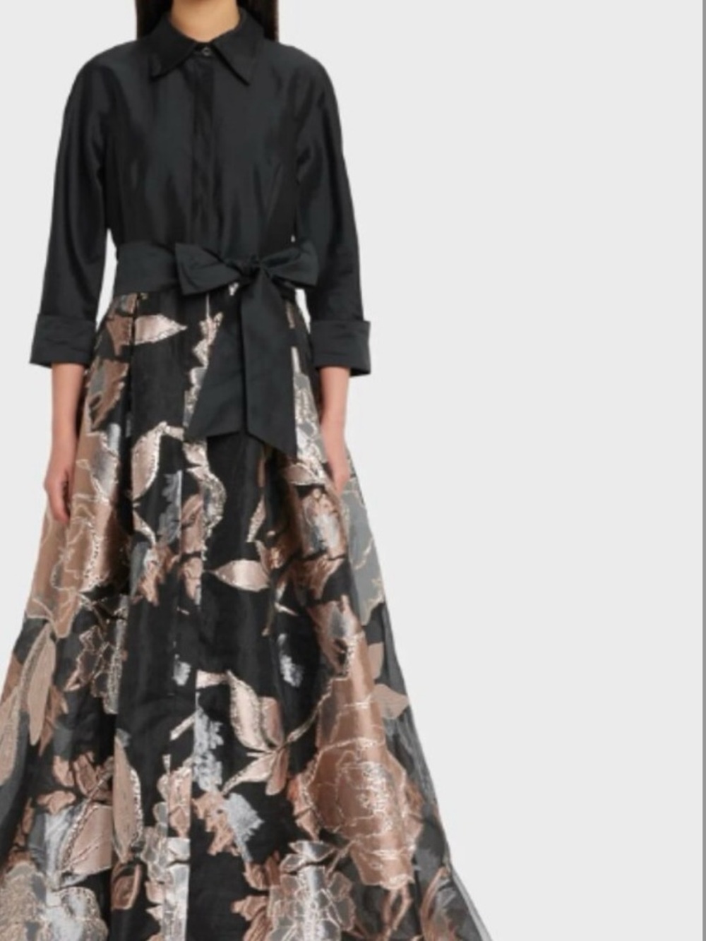 Teri Jon Black Maxi Skirt with Metallic Rose Gold Floral Jacquard